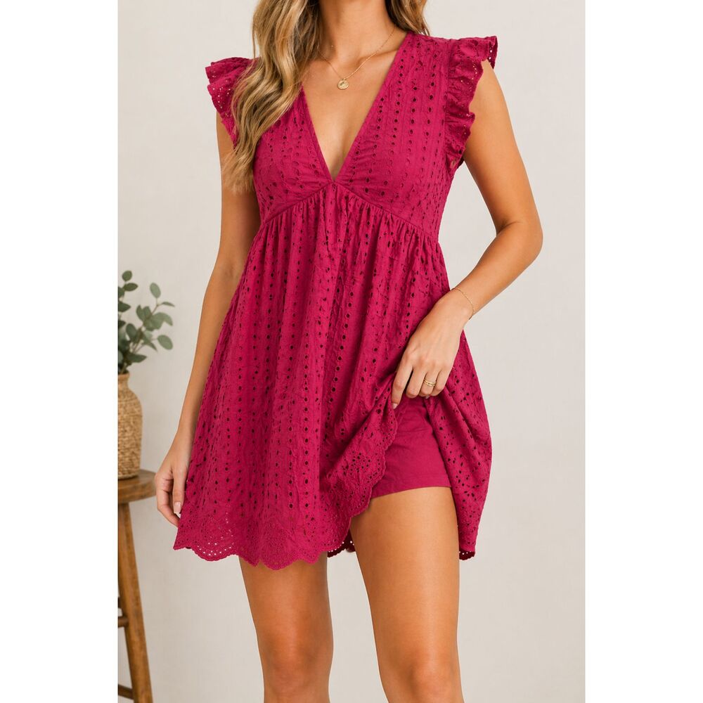 Pink Lily Eyelet Romper Dress Raspberry V Neck Flutter Sleeve 100% Cotton
